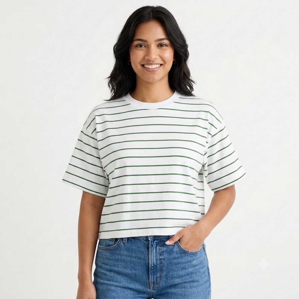 Women’s White & Green Striped Crewneck Tee